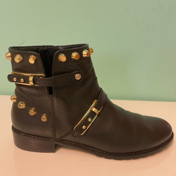 STUART WEITZMAN Black leather gold-tone metal studded Go West Ankle Boot Size 6 - Picture 11 of 12